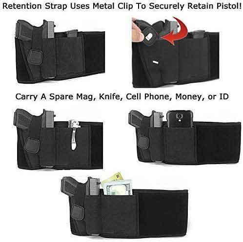 belly band holster using case, retention strap uses metal clip to securely retain piston, carry a spare mag, knife, cell phone, money or ID