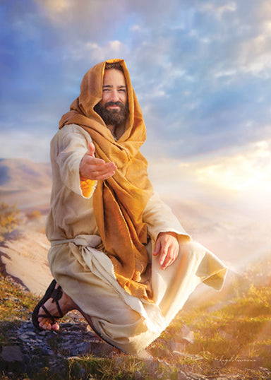 Jesus in an orange and white robe. He is smiling and extending a hand. 