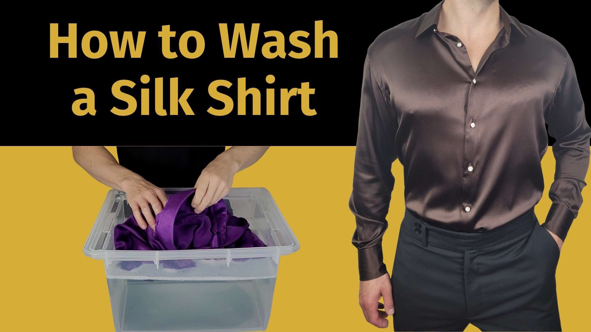 how to wash a silk shirt banner image with a picture of a man hand washing a purple silk shirt in a tub of soapy water