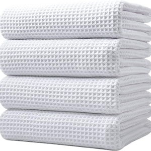 POLYTE Microfiber Oversize Quick Dry Lint Free Bath Towel, 60 x 30 in, 4 Pack (White, Waffle Weave)