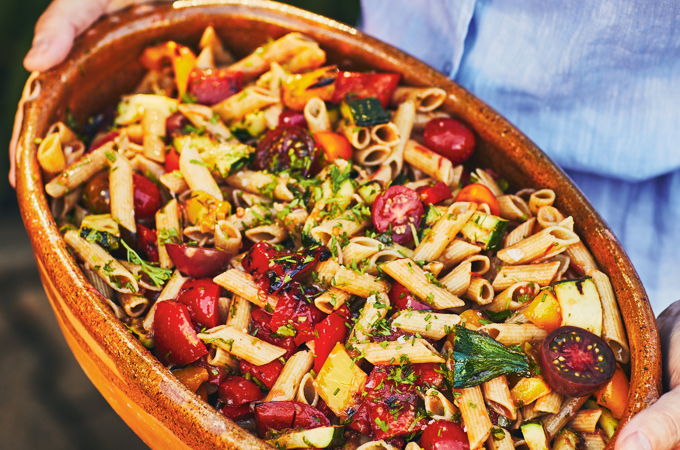 Pasta Salad with Grilled Vegetables and Tomato Dressing