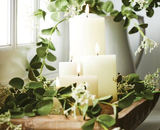 Ivory Pillar Candles with Moving Flame and Faux Eucalyptus 