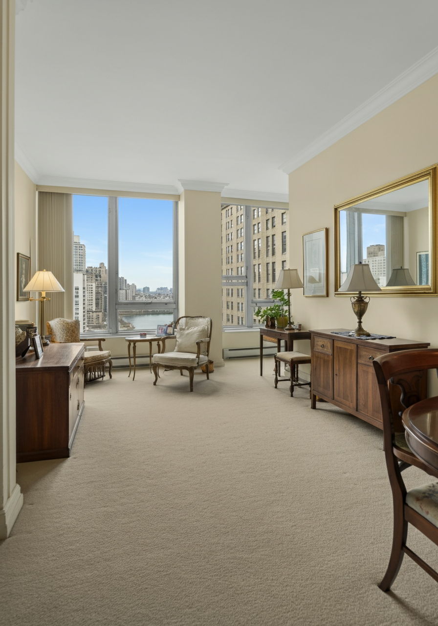 Before staging: A dated Gold Coast condominium interior with cluttered furniture arrangement, personal items, and older fixtures that distract from the property's architectural strengths and lake views, illustrating common presentation mistakes that can reduce perceived value.