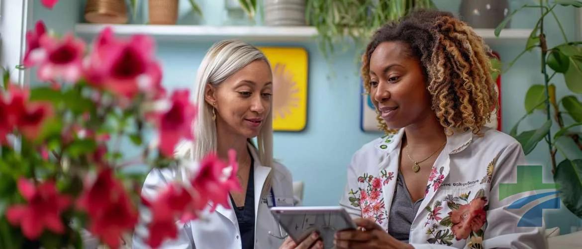 Nurse shows a mental health app to a patient in a comfortable care room