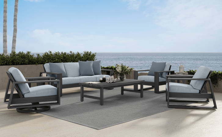 Ebel Novara Aluminum Outdoor Patio Seating Sofa Club Chair Swivel Rocker and Coffee Table collection