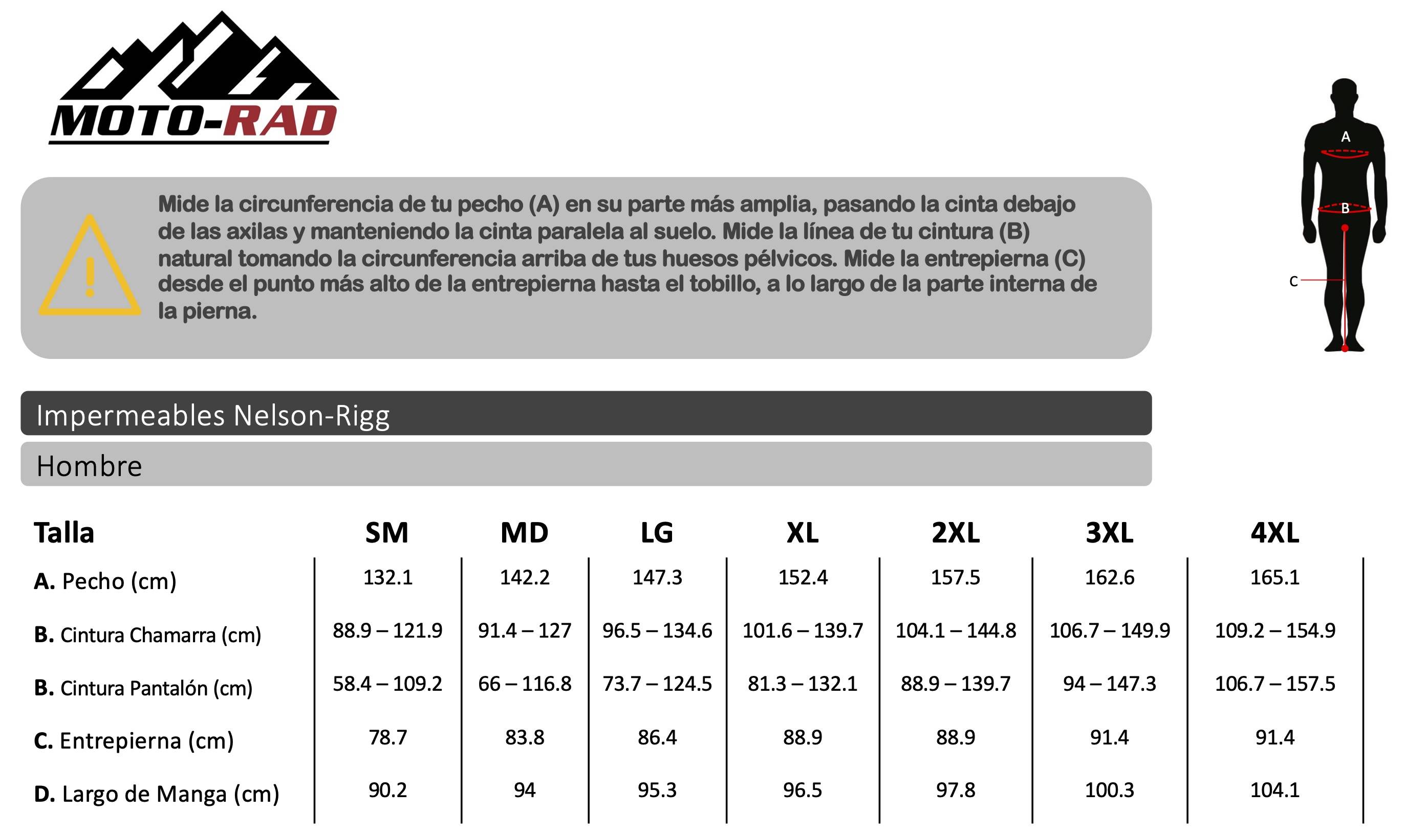 Guia de Tallas Impermeables Nelson-Rigg