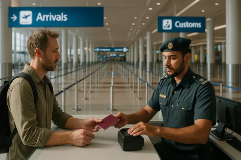 A traveler presents a passport to a customs officer dressed in a dark green uniform at an airport immigration counter with an "Arrivals" sign in the background.