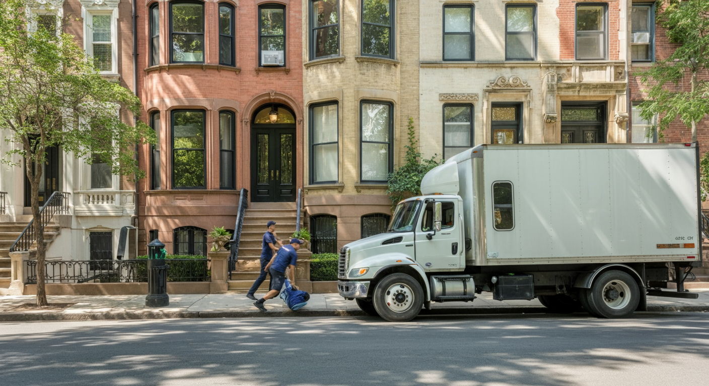 A moving truck outside a historic Gold Coast brownstone during summer, with professional movers carefully handling antique furniture. The scene illustrates how closing timeline preferences often align with practical considerations like school calendars and moving logistics in these family-friendly luxury neighborhoods.