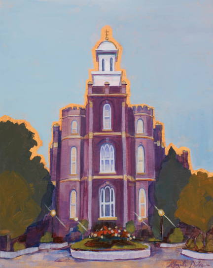 Painting of the Logan Temple. The temple and trees is outlined in a gold color. 