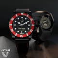 42mm DLC-black Classic case with red bezel and black leather strap with red stitching