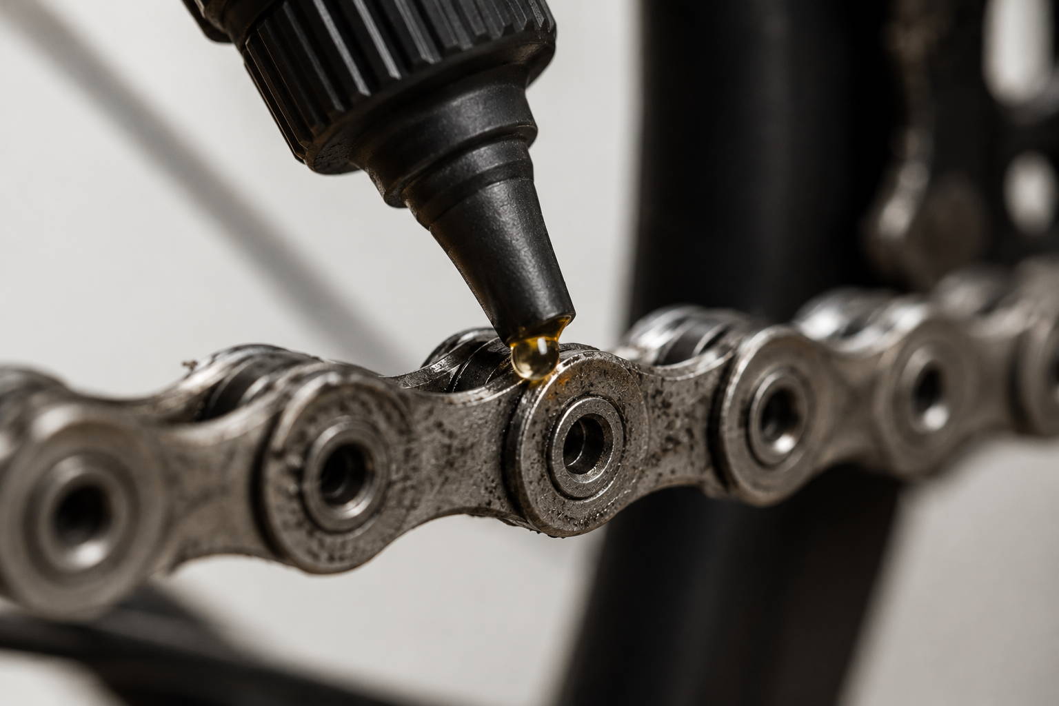 Macrofoto van een e-bike ketting die wordt gesmeerd met kettingolie tijdens onderhoud van een elektrische fiets om slijtage van ketting en aandrijving te voorkomen.