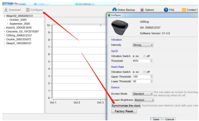 Interface de configuration du logiciel PC O2Ring pour la configuration des vibrations et de l'écran