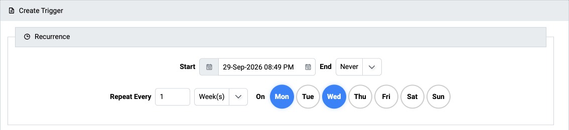 Recurrence settings repeating every week on Monday and Wednesday