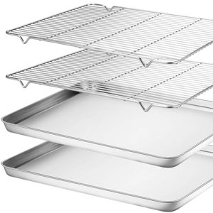 Wildone Baking Sheet & Rack Set [2 Sheets + 2 Racks], Stainless Steel Cookie Pan with Cooling Rack, Size 17.3 x 12.2 x 1 Inch, Non Toxic & Heavy Duty & Easy Clean