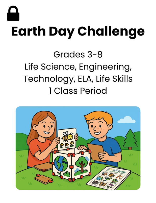 Image of two elementary students building an Earth-themed cardboard model for an Earth Day STEM lesson, featuring trees, bees, and biodiversity icons. Highlights 3DuxDesign’s hands-on project-based learning activity that blends life science, engineering, technology, ELA, and real-world sustainability skills for grades 3–8.