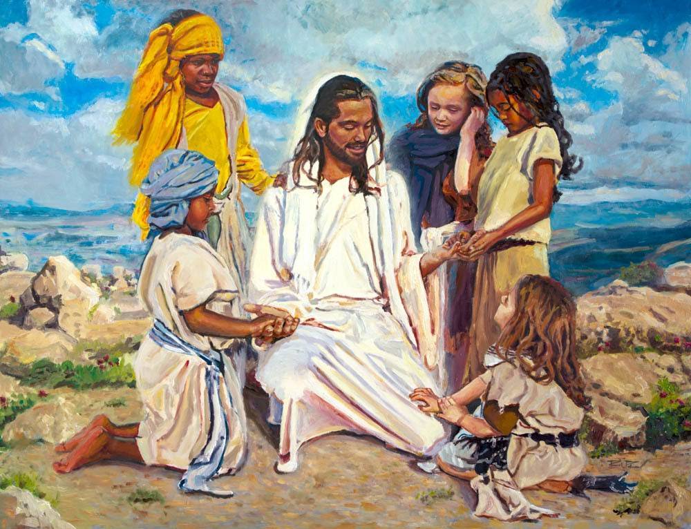 Jesus surrounded by children observing the scars in His hands.
