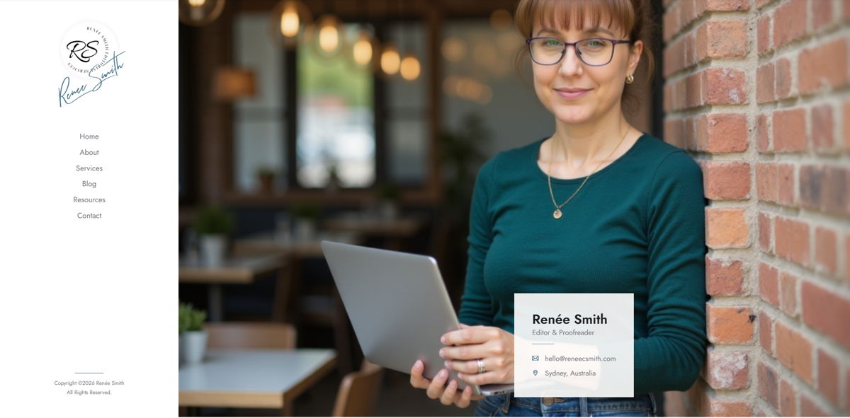 Screenshot of Renée Smith, from the content editor & proofreader portfolios collection.