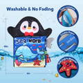 Dimensions of a washable Cloth Book toy for babies with a penguin and whale printing. 