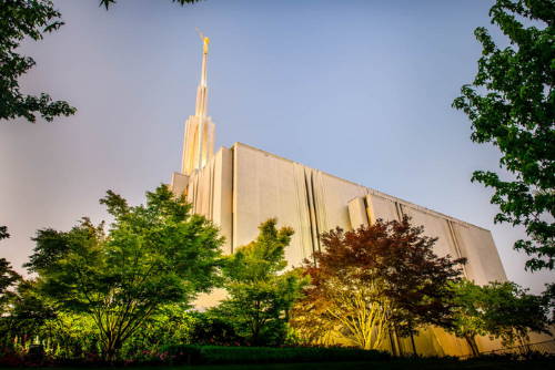 Seattle Temple standing beneath a clear sky and surrounded by green trees.