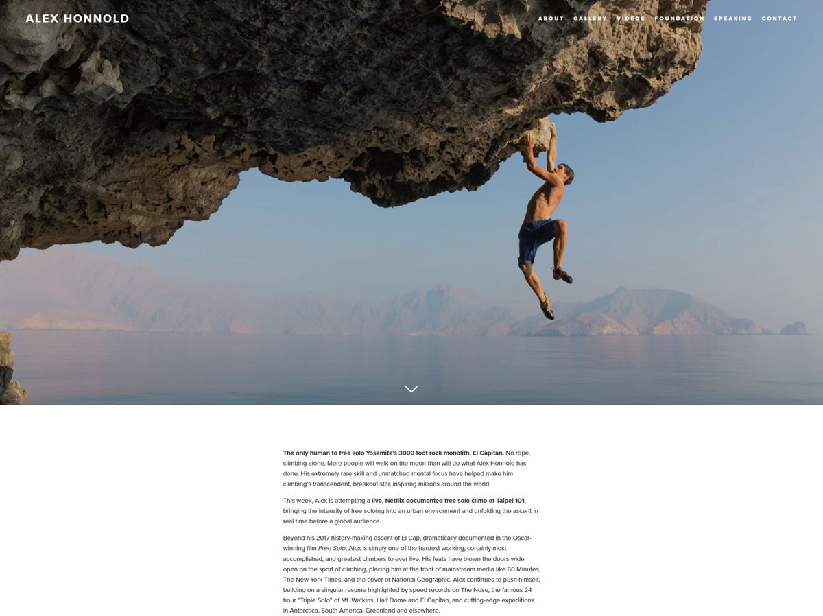 Screenshot of Alex Honnold, from the athlete websites collection.