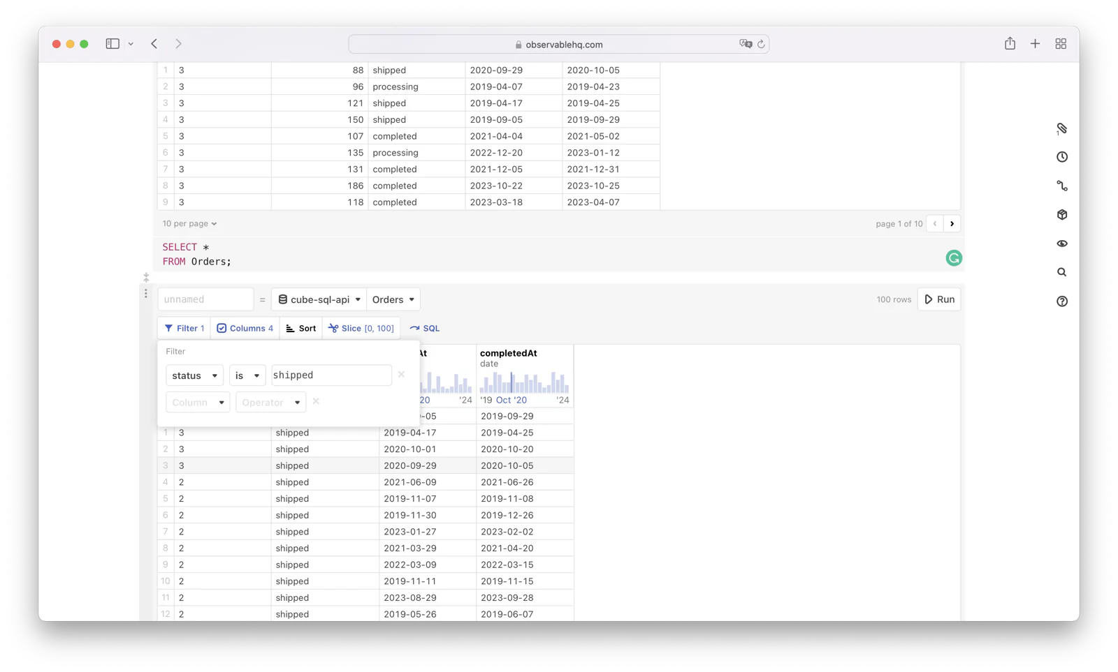 Data table with the result