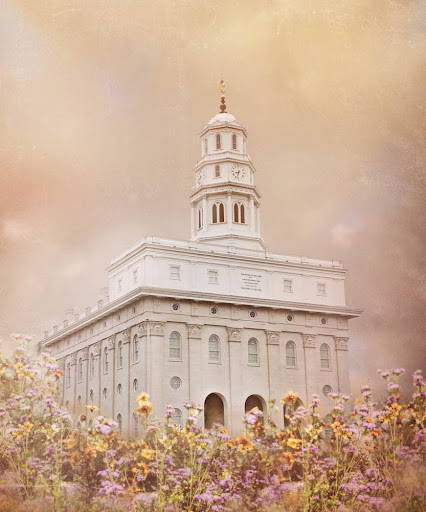 Nauvoo Temple surrounded by yellow and purple flowers. Sky is a cream color. 