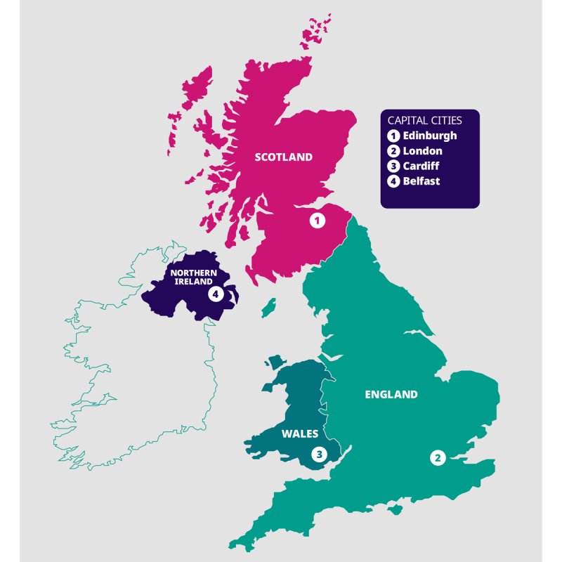 A map highlighting each UK nation: England, Wales, Scotland and Northern Ireland