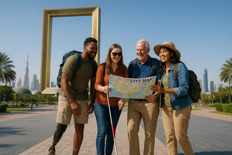 A diverse group of four friends smile while looking at a city map with the Dubai Frame and skyline including Burj Khalifa in the background.