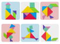 Different models that can be made using colorful puzzle pieces from the Montessori Magnetic Tangram Book.