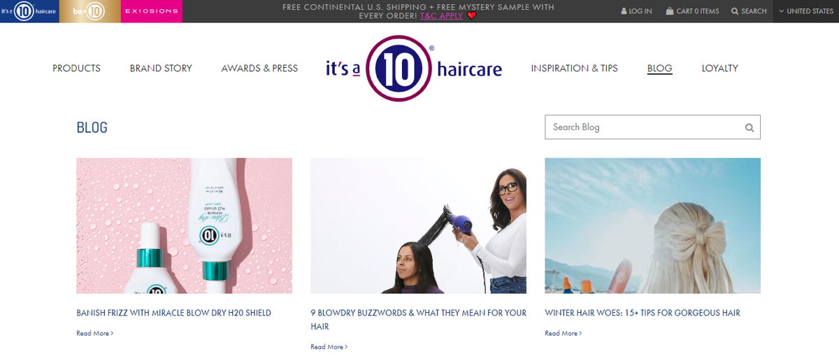 Screenshot of It's A 10 haircare Blog, from the shopify blog examples collection.