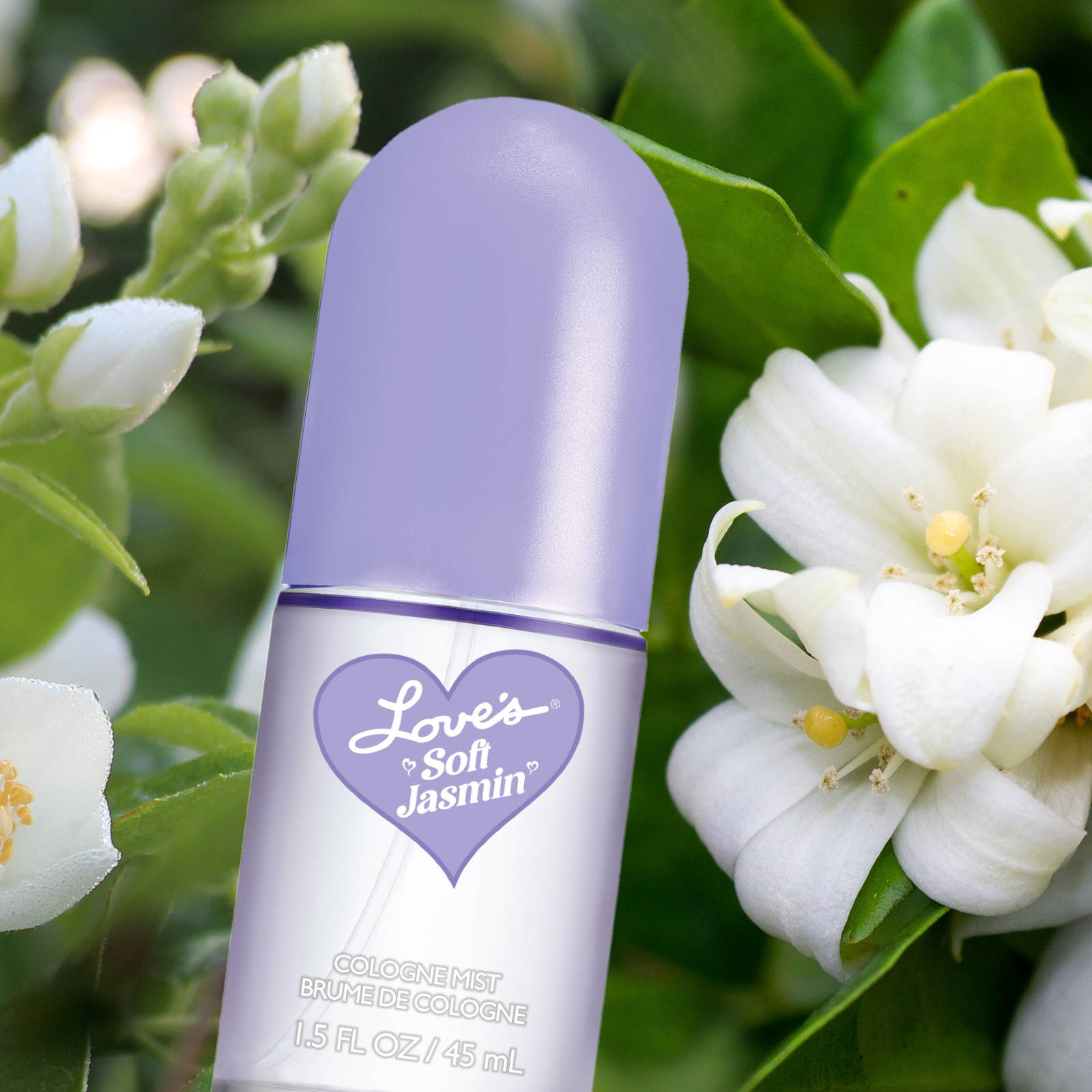 Editorial shot of Love's Soft Jasmin cologne bottle surrounded by jasmine flowers.