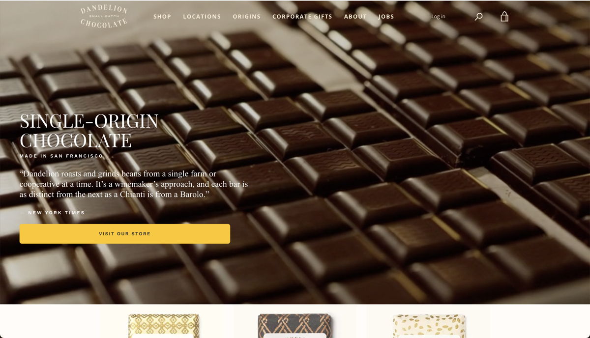 Screenshot of Dandelion Chocalate, from the food websites collection.