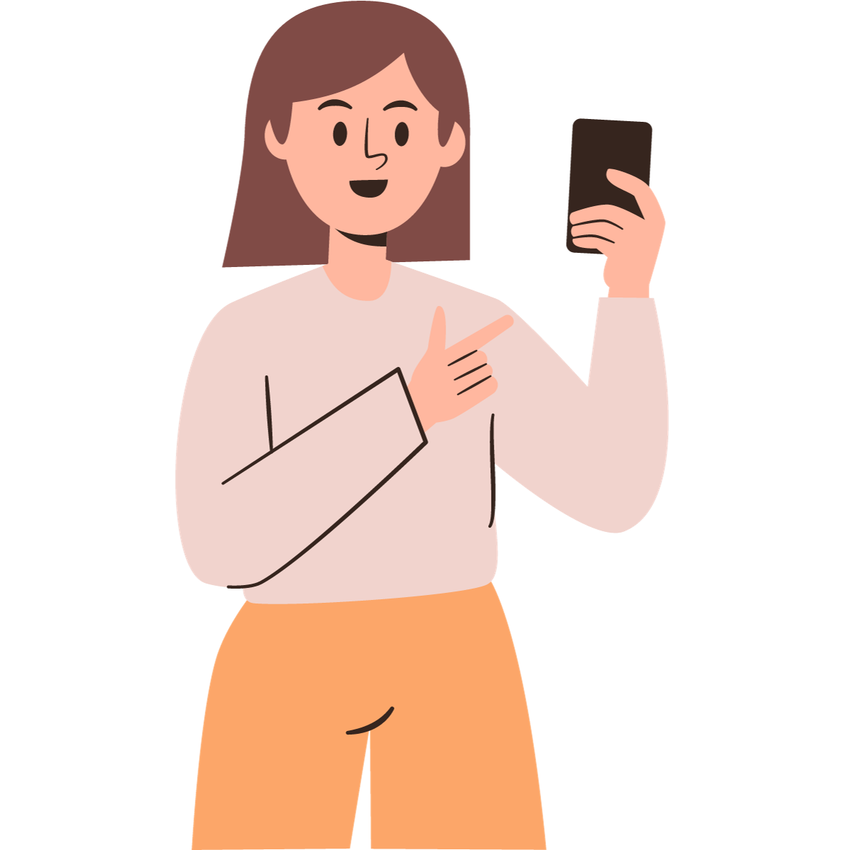 Frau zeigt auf Smartphone für ein unverbindliches Telefonat mit Susanne Reimer 