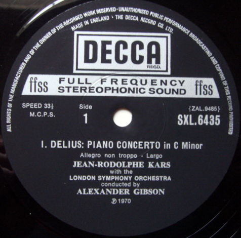 DECCA SXL-NB-ED5 / KARS-GIBSON, - Delius Piano Concerto...