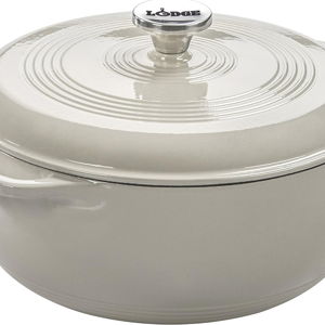 Lodge 6 Quart Enameled Cast Iron Dutch Oven with Lid – Dual Handles – Oven Safe up to 500° F or on Stovetop - Use to Marinate, Cook, Bake, Refrigerate and Serve – Oyster White