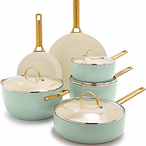 GreenPan Reserve Hard Anodized Healthy Ceramic Nonstick 10 Piece Cookware Pots and Pans Set, Gold Handle, PFAS-Free, Dishwasher Safe, Oven Safe, Julep Green