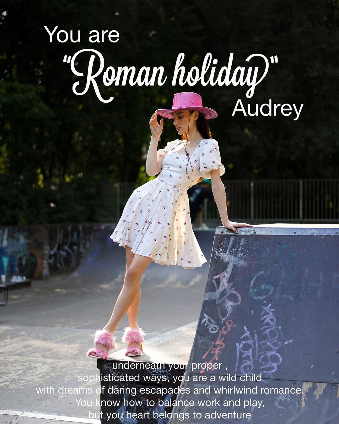 Photo by ALICE.K clothing on August 02, 2022. May be an image of 1 person, child, standing and text that says 'You are Roman holiday" Audrey underneath your proper, sophisticated ways, you are wild child with dreams of daring escapades and whirlwind romance. You know how to balance work and olay, but you heart belongs to adventure'.
