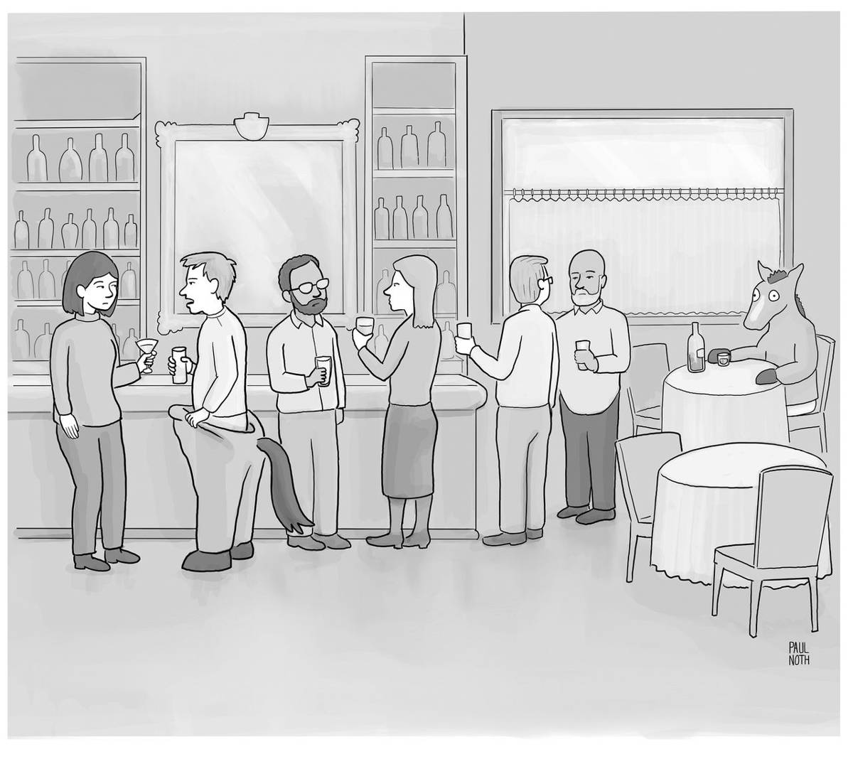 Person in back half of a horse costume talking to a woman at a bar.