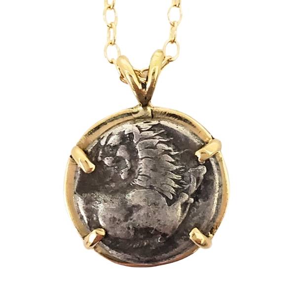 Ancient silver Greek coin of a lion in 18kt gold pendant