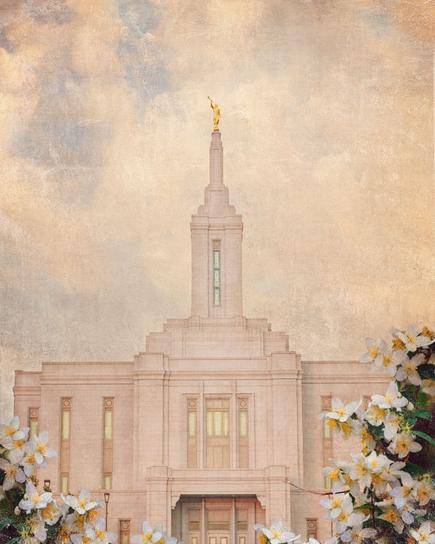Textured Pocatello Temple picture framed by white and yellow flowers.