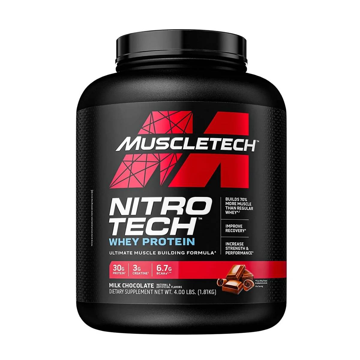 Whey Protein Powder | MuscleTech Nitro-Tech Whey Protein Isolate & Peptides | Milk Chocolate, 4 Pound