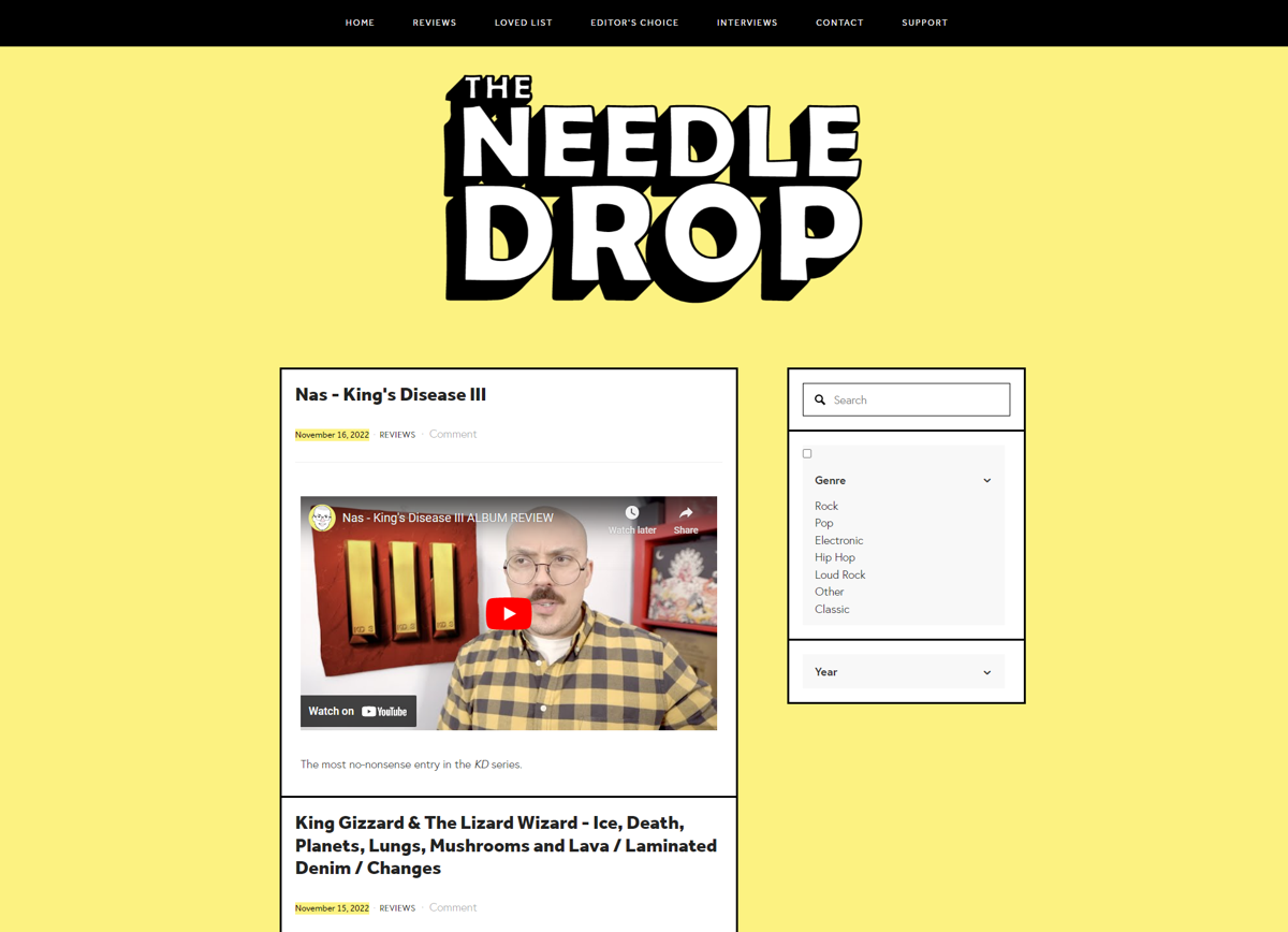 Screenshot of Articles — The Needle Drop, from the blog design examples collection.