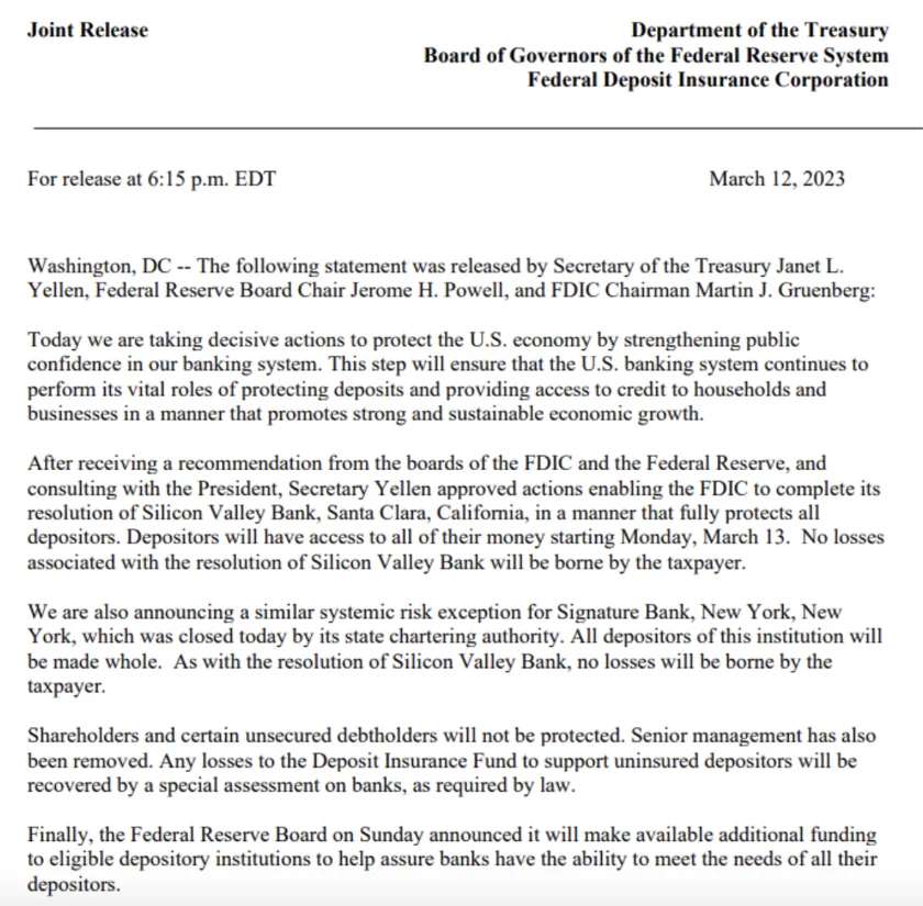 FED, FDIC & Treasury joint statement