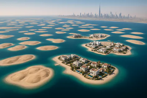 Aerial view of The World Islands in Dubai, artificial islands shaped like continents with luxury villas and a view of the city skyline and Burj Khalifa.