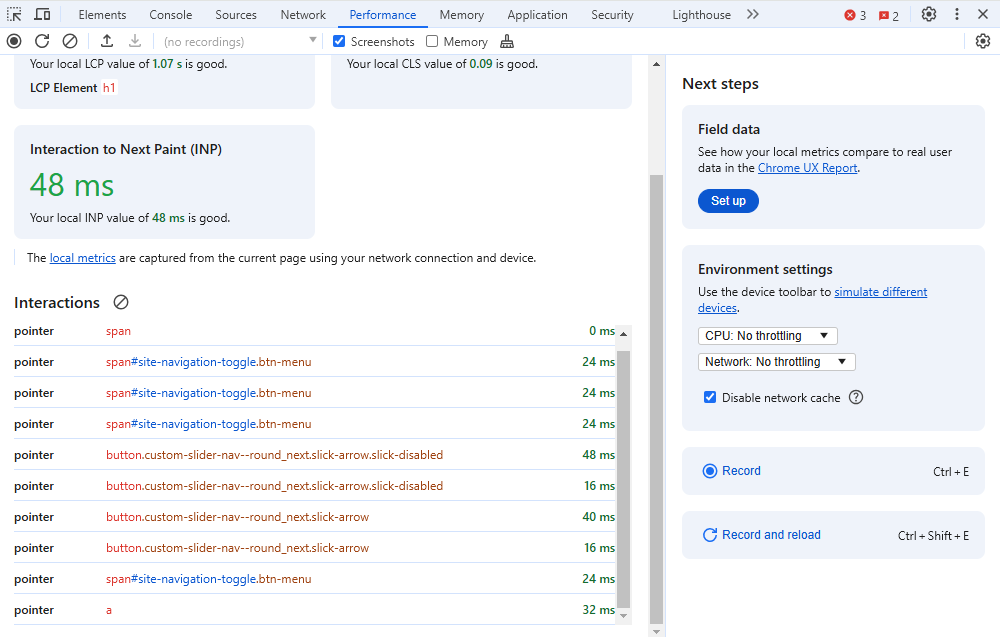 Chrome DevTools Performance tab INP report