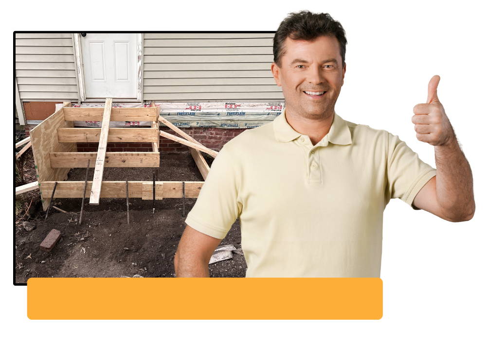 A confidant man showing thumbs up while a full concrete stair rebuild project underway in background