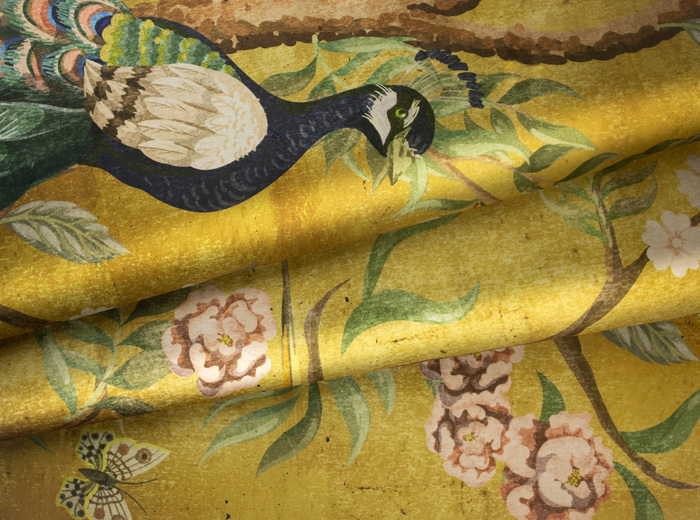 Gold chinoiserie peacock satin fabric Panel Image