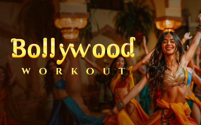 Group of women dancing in traditional Indian dress with the text 'Bollywood Workout'