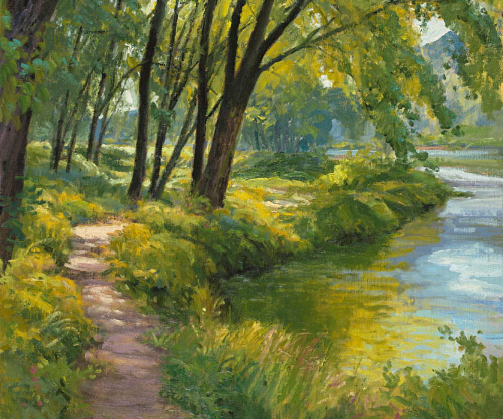 Painting of a river flowing past a forest path.