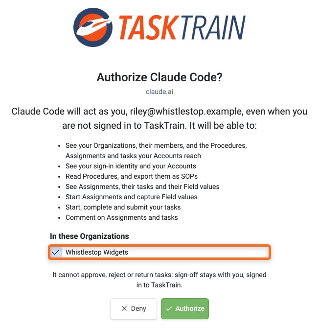 The Authorize screen for Claude Code, listing what it asks to do and the Organizations to tick
